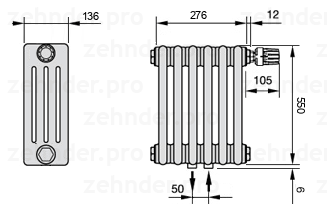 Схема (чертеж) Радиатор Zehnder Charleston 4055/6 №V008 Белый глянцевый RAL 9016
